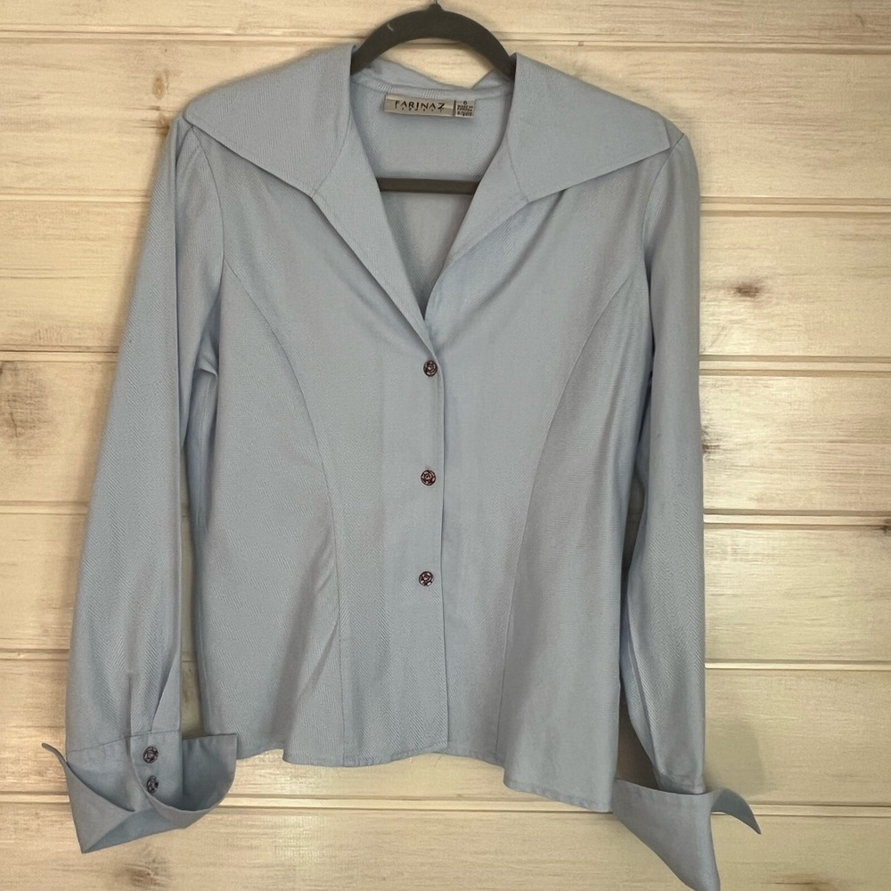 Farinaz Taghavi Size 6 Button Down Shirt Blouse Herringbone Cotton Blue Office